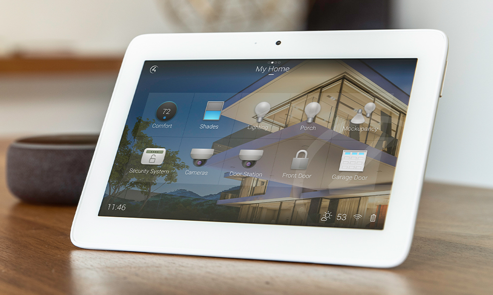 control4 interface on a white ipad on a light wood countertop