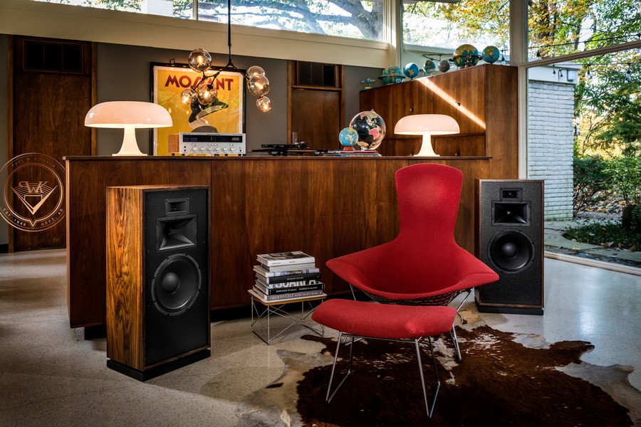 A pair of hi-fi Klipsch home audio speakers in the modern living area of a McAllen home. 